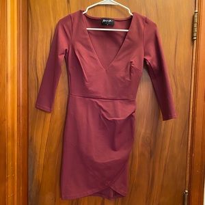Nasty Gal Faux Wrap Gathered V Neck Burgundy Dress